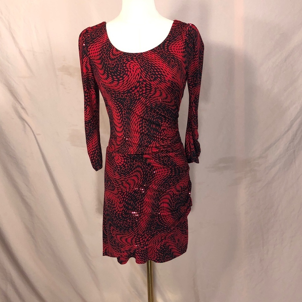Vintage 80’s Red and Black Patterned Long-Sleeve Cocktail Dress Small Medium